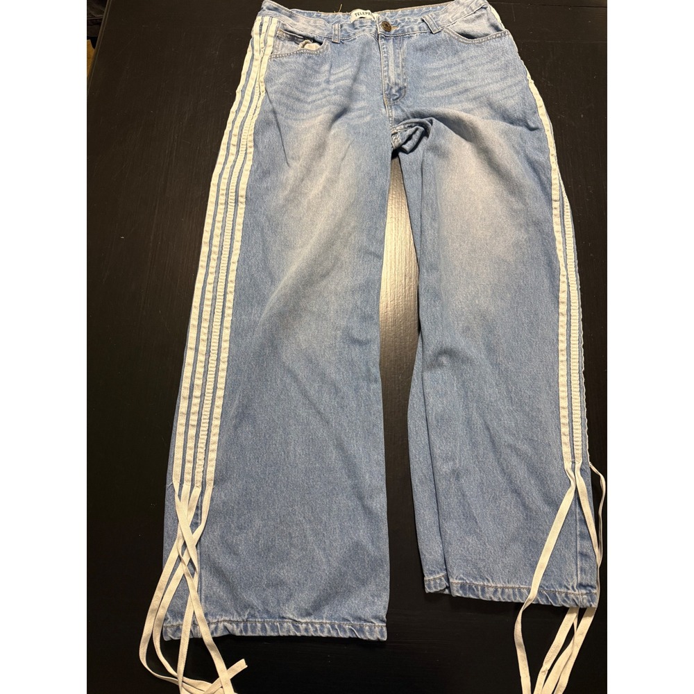 Telepatia Womens Wide Leg Side Stripe Lace Up Jeans Light Wash Blue Size 13/31